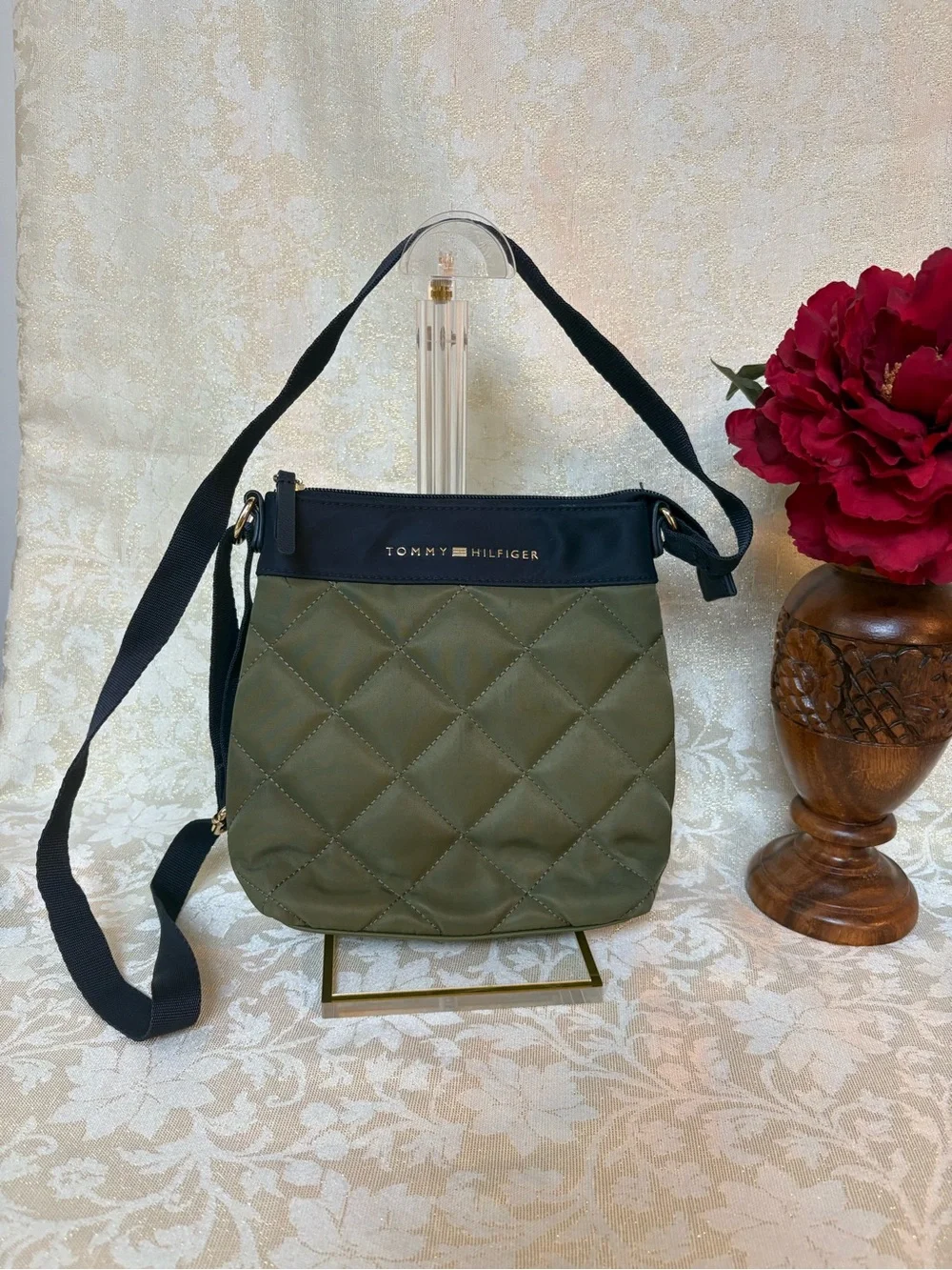 Tommy Hilfiger Olive and Navy Quilted Crossbody Bag